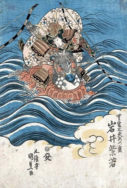 Japanese warrior, portrayed by actor Iwai Shijaku in an 1830s performance, riding on horseback through crashing waves to escape the Minamoto warriors. Woodcut by Toyokuni Utagawa, 1830s