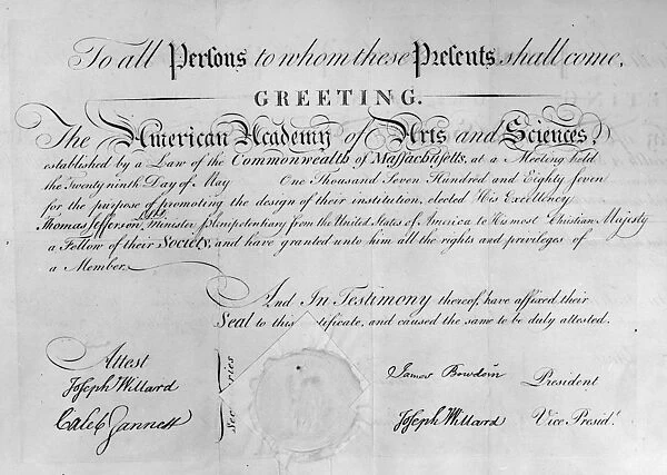 Jefferson: Certificate, 1787