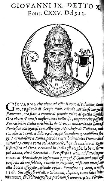JOHN X (860-928). Pope, 914-928. Woodcut, Venetian, 1592