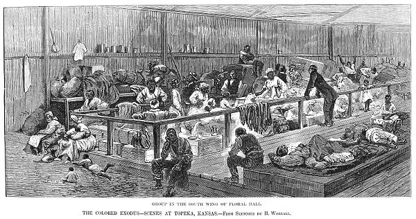 KANSAS: BLACK EXODUS, 1879. Black migrants from the American South in one of the buildings at Topeka, Kansas, used as a terminus of the exodus to the North and West following the end of Reconstruction. Wood engraving, American, 1879