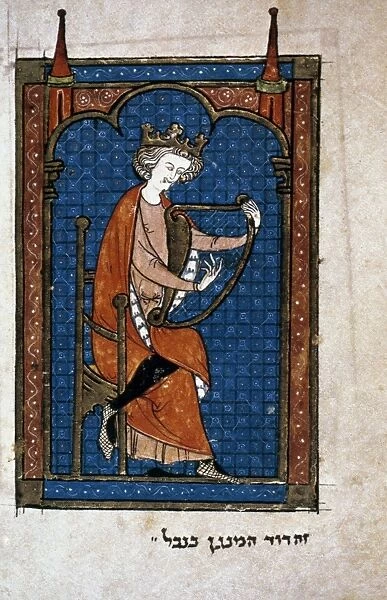 KING DAVID PLAYING HARP. Miniature illumination, France, late 13th century