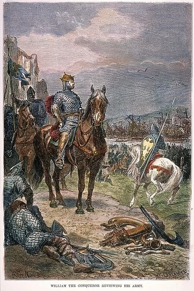 KING WILLIAM I (1027-1087) of England. Known as William the Conqueror, reviewing his army on his arrival in England, 1066. Wood engraving, 19th century, after Alphonse de Neuville
