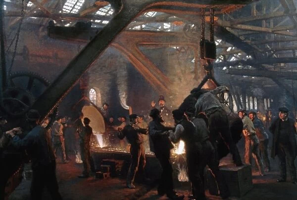 KROYER: STEELWORKS, 1885. Pouring steel ingots at the Burmeister & Wain Works at Copenhagen