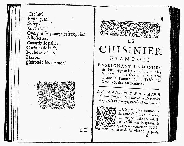 LA VARENNE: COOKBOOK, 1686. Two pages from a 1686 edition of Francois-Pierre de