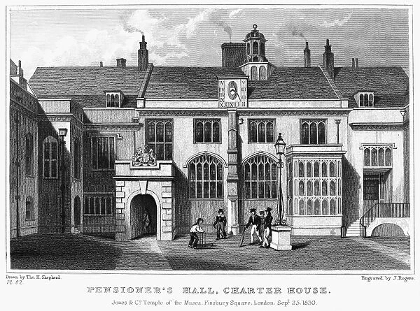 LONDON: PENSIONERs HALL. View of the Pensioners Hall at the London Charterhouse, London, England. Steel engraving, English, 1830, after Thomas Shepherd