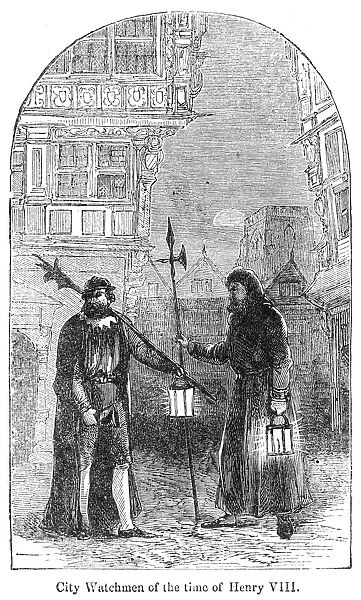 LONDON: WATCHMAN. City watchman of the time of Henry VIII. London, England, watchmen of the first half of the 16th century. Wood engraving, 19th century