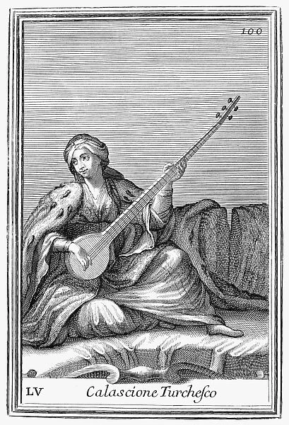 LONG LUTE, 1723. The long lute, a string instrument used in Turkish, Persian, Arabian, and Indian music. Copper engraving, 1723, by Arnold van Westerhout