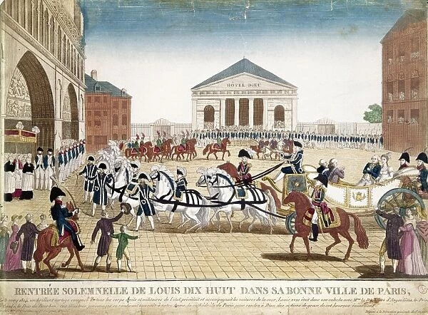 LOUIS XVIII (1755-1824). King of France, 1814-1824. Procession of Louis XVIII to Notre Dame Cathedral in Paris on 3 May 1814. The Hotel Dieu is in the background. Color line engraving, c1814