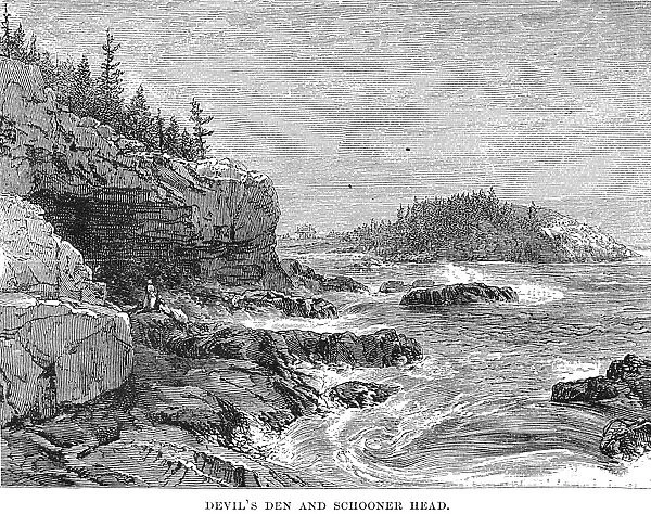 MAINE: MOUNT DESERT ISLAND. View of Devils Den and Schooner Head at Mount Desert Island, Maine. Wood engraving, American, 1875