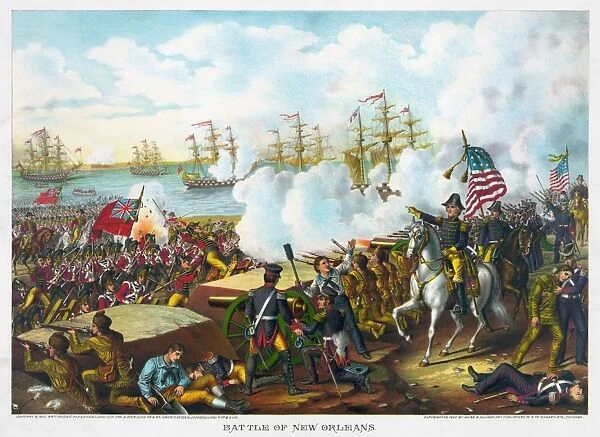 Major General Andrew Jackson encouraging his riflemen at the Battle of New Orleans, 8 January 1815. The British fleet is seen the background on the Missisippi River. Lithograph, 1890, by Kurz & Allison