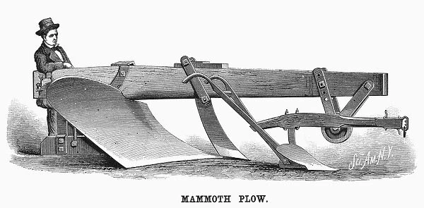 MAMMOTH PLOUGH, 1879. Large plough made by Deere & Co. Illinois, for the St. Louis Iron Mountain and Southern Railroad to be used with a construction train. Wood engraving, American, 1879