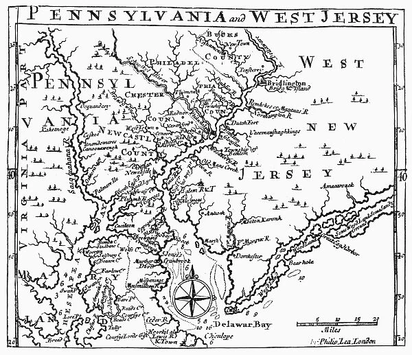 MAP: DELAWARE RIVER. Map of Pennsylvania and western New Jersey. Line engraving, 18th century, by Philip Lea