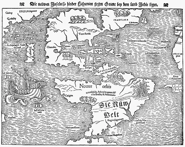 MAP OF THE NEW WORLD, 1544. Woodcut from Sebastian Munsters Cosmographia, 1544
