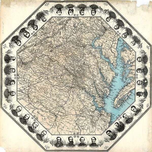 MAP: VIRGINIA, c1862. Partial map of the state of Virginia, illustrated with portraits