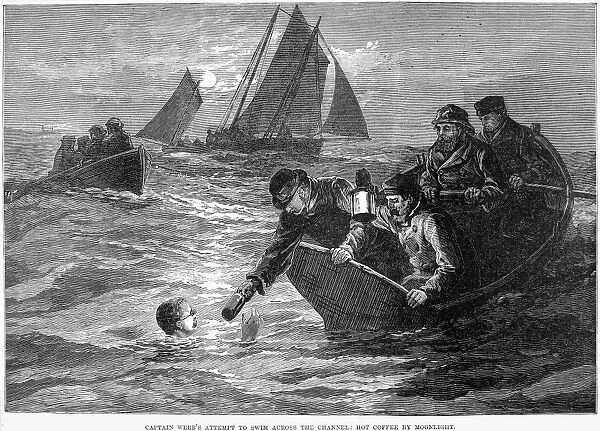 MATTHEW WEBB (1848-1883). English swimmer. Webbs first and unsuccessful attempt to swim the English Channel on 12 August 1875. Captain Webbs Attempt to Swim Across the Channel: Hot Coffee by Moonlight. Line engraving from a contemporary English newspaper
