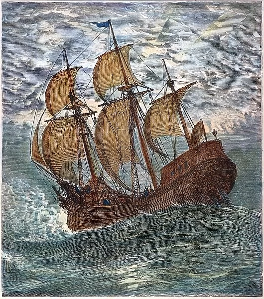 MAYFLOWER AT SEA, 1620. The Mayflower at sea during the Pilgrims voyage to America. Wood engraving, American, late 19th century