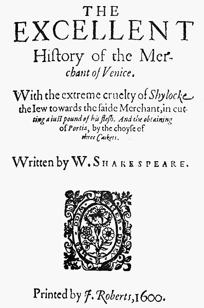 MERCHANT OF VENICE. Title page of the first publication in quarto, 1600, of William