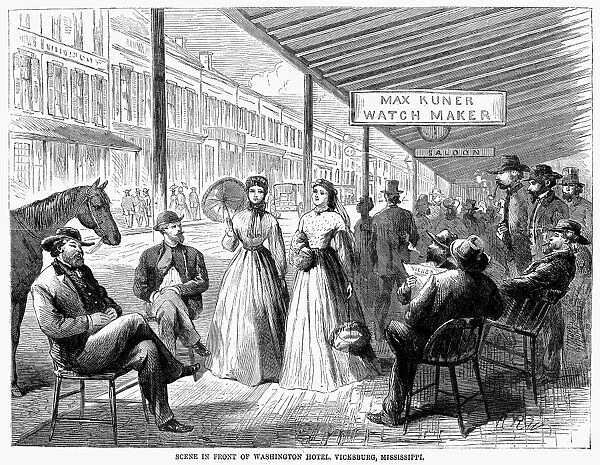 MISSISSIPPI: VICKSBURG. Scene in front of the Washington Hotel, Vicksburg, Mississippi. Wood engraving, 1866