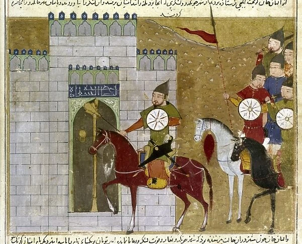 MONGOLS BESIEGING FORTRESS. Manuscript illumination for a work by Rashid al-Din Hamadani
