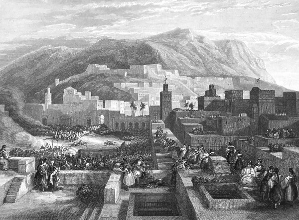 MOROCCO: TETOUAN. View of the city of Tetouan, Morocco, with the Rif Mountains in the background. Steel engraving, German, mid-19th century