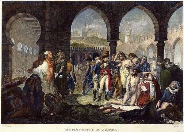 NAPOLEON IN JAFFA, 1799. Napoleon Bonaparte Visiting the Plague Stricken at Jaffa. Color steel engraving after a painting by Baron Antoine-Jean Gros, 1804