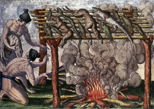 NATIVE AMERICAN BARBECUE. Florida Native Americans curing fish and game on a barbecue. Colored engraving, 1591, by Theodor de Bry after a now lost drawing by Jacques Le Moyne de Morgues