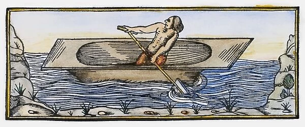 NATIVE AMERICAN CANOE, 1547. A Native American man paddling a dugout canoe