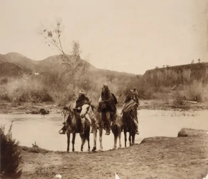 Framed Print : Print of Apache men on horseback at a stream Framed Print : Print of Apache men on horseback at a stream