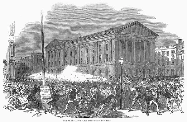 NEW YORK: ASTOR PLACE RIOT. Riot in front of the Italian Opera House at Astor Place, New York City on 10 May 1849. Wood engraving from a contemporary English newspaper