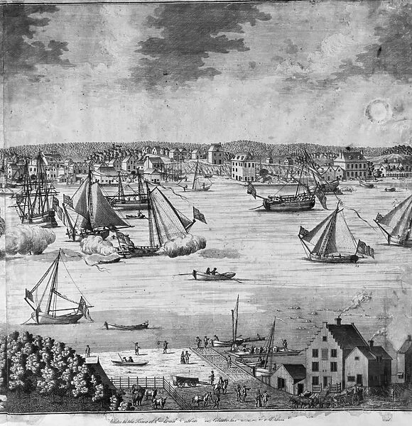 NEW YORK CITY, 1717. A view of New York City. Detail of a engraving by William Burgis, 1717