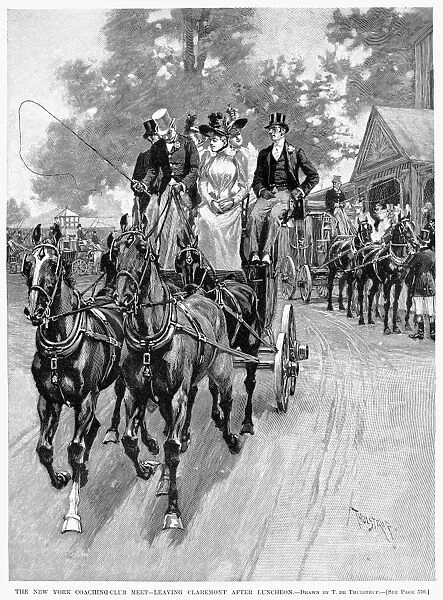 NEW YORK: COACHING, 1892. Members of the New York Coaching Club departing after a luncheon meet at the Claremont restaurant overlooking the Hudson River near 120th Street in Manhattan. Wood engraving, 1892, after Thure Thulstrup