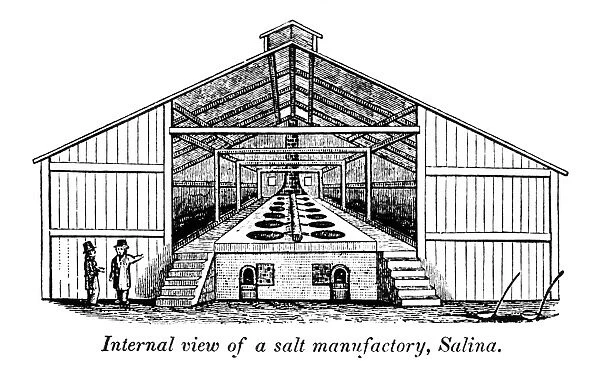 NEW YORK: SALINA, 1841. Internal view of a salt manufactory at Salina, Onondaga County. Wood engraving, 1841