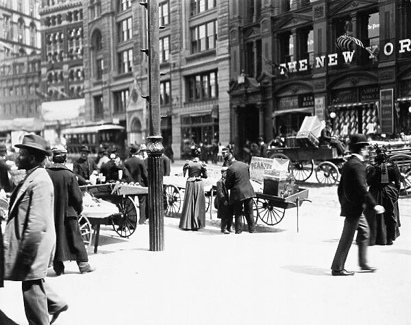 NEW YORK SCENE, 1895. A scene on Park Row in Lower Manhattan, New York City