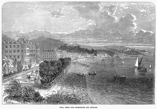 NICE, FRANCE, 1866. La Promenade des Anglais and La Baie des Anges, looking east. Wood engraving, English, 1866
