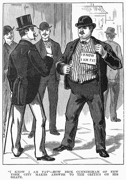 OBESE MAN, 1883. An obese man answers his critics on a New York City street. Wood engraving, American, 1883