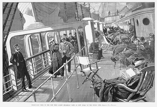 OCEAN LINER DECK, 1888. The promenade deck of The City of New York, the Inman Lines new ocean liner, the largest and most luxurious passenger ship of its day. Line engraving after Thure de Thulstrup, 1888