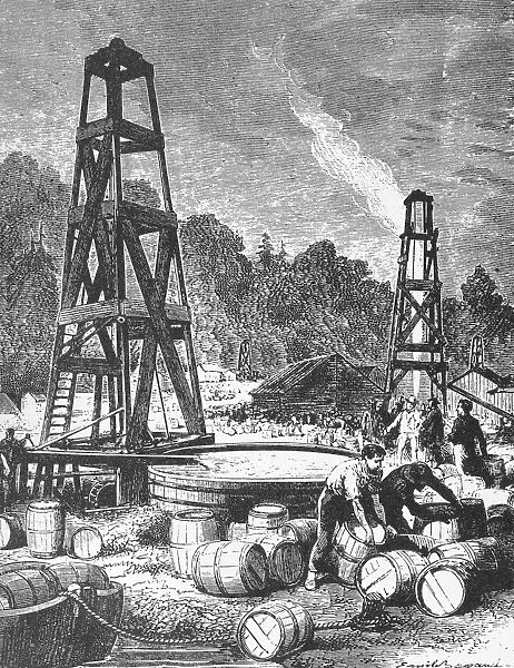 OIL WELL, 19TH CENTURY. An early American oil well in the valley of Oil Creek, Pennsylvania, showing oil being pumped directly into vats before being poured into wooden barrels for shipment. Wood engraving, French, 1870, after Emile Bayard