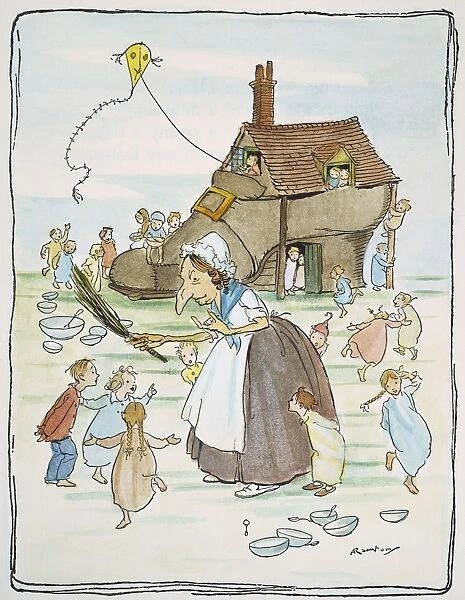 There was an old woman who lived in a shoe... : pen and ink drawing, 1913, by Arthur Rackham for an edition of Mother Goose
