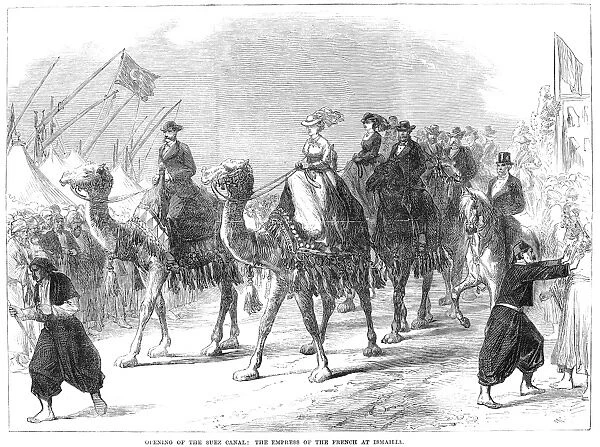 OPENING OF THE SUEZ CANAL. Empress Eugenie of France attending a ceremony at Ismailia, Egypt, on the occasion of the opening of the Suez Canal, 1869. Contemporary wood engraving