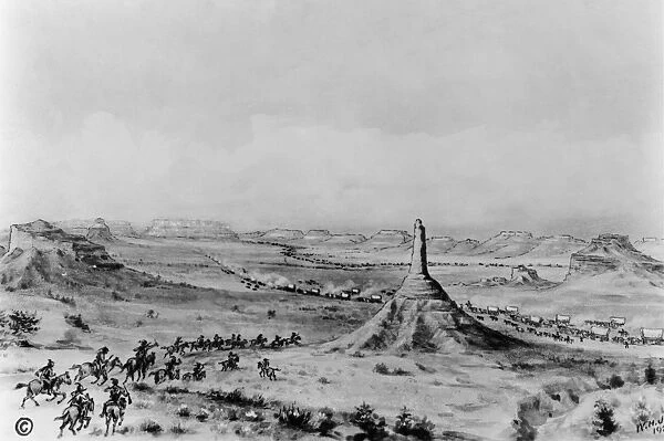 OREGON TRAIL: CHIMNEY ROCK. A depiction of a Native American raid on a wagon train