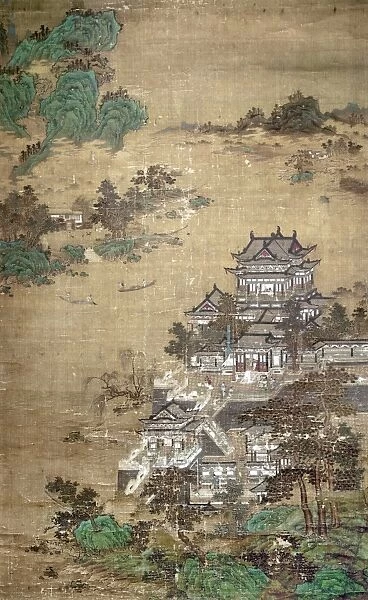 A palace of the T ang Dynasty beside a lake. Painted silk hanging scroll, Yuan Dynasty, 1279-1368