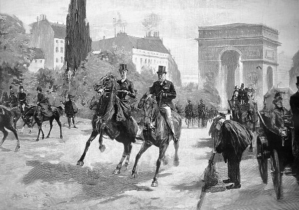 PARIS: BOIS DE BOULOGNE. Two equestrians en route to Longchamps in the Bois de Boulogne, with the Arc de Triomphe in the background. Wood engraving, American, 1890