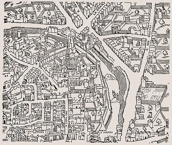 PARIS: LATIN QUARTER, c1550. Detail from a plan of Paris, France, c1550, showing