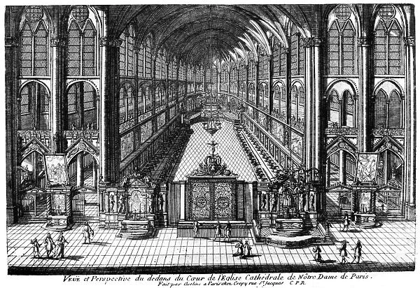 PARIS: NOTRE DAME, 1715. View from the nave of Notre Dame Cathedral in Paris, France. The choir is closed with the new wood screen. Line engraving by Pierre Aveline, 1715