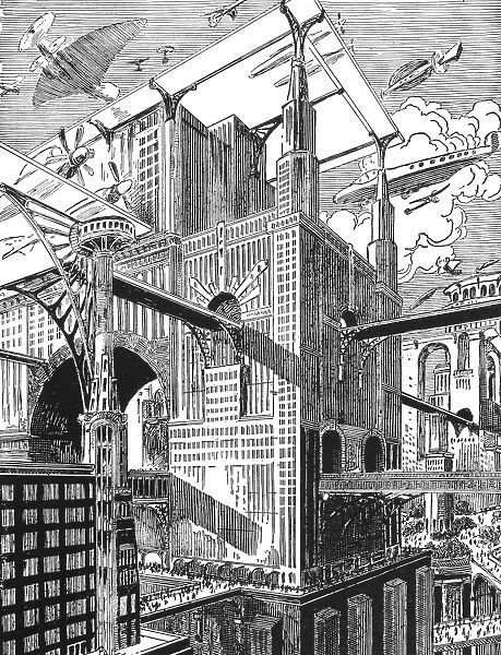 PAUL: CITY OF THE FUTURE. A city of the 21st century. Illustration, 1928, by Frank R