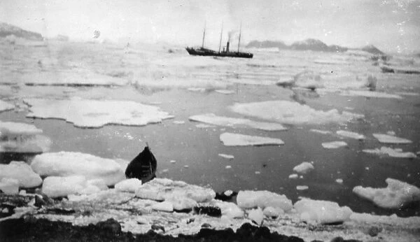 PEARY EXPEDITION, c1908. A ship and a canoe among ice floes during an Arctic expedition