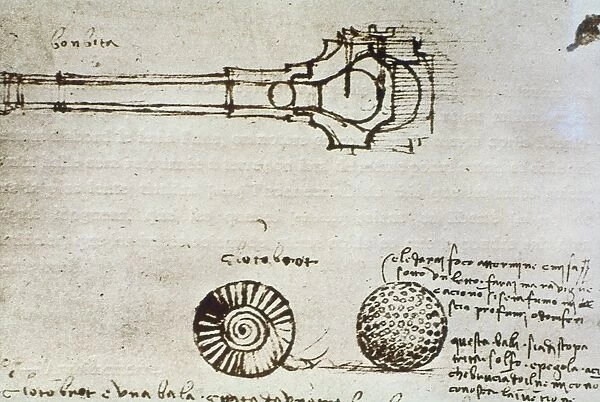 Pen-and-ink drawing of a mortar bomb from Leonardo da Vincis notebook, c1495
