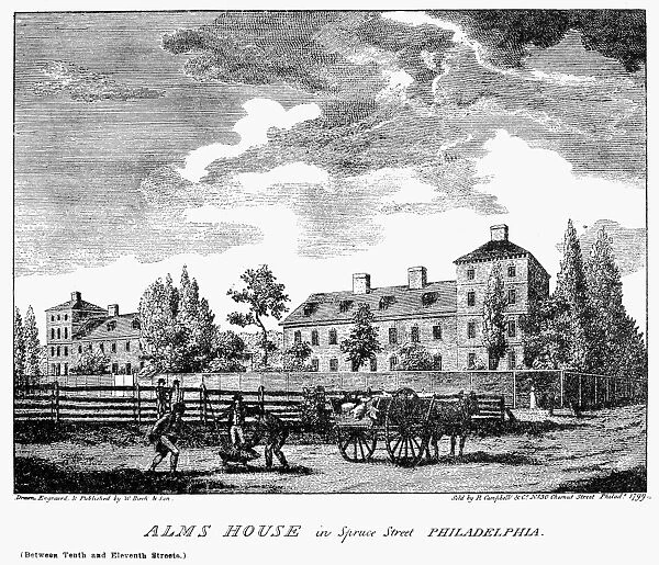 PHILADELPHIA: ALMS HOUSE. Alms house in Spruce Street, Philadelphia, Pennsylvania. Line engraving, 1799, by William Birch & Son