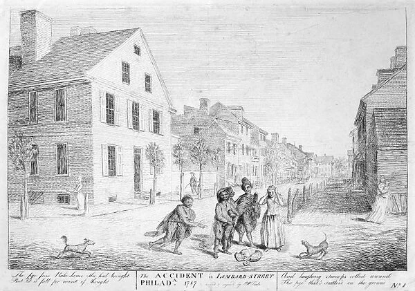 PHILADELPHIA VIEW, 1787. An accident on Lombard Street in Philadelphia, Pennsylvania. While returning home from the bakery, a woman drops her pie, to the amusement of passing chimneysweeps. Etching and engraving, 1787, by Charles Willson Peale