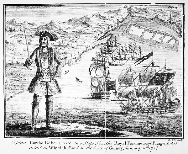 PIRATE, 1724. Captain Bartholomew Roberts with two ships, the Royal Fortune and Ranger, takes 11 sail in Whydah Road on the Coast of Guiney, 11 January 1721-1722. Line engraving, English, 1724